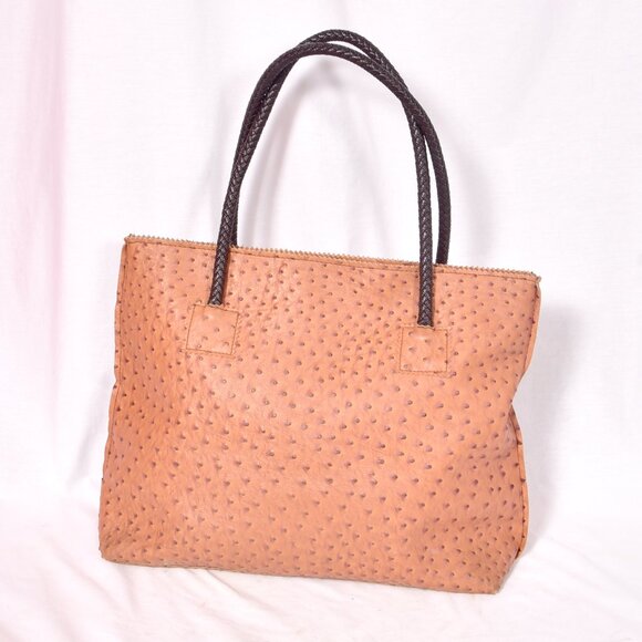 Tan Ostrich Print Faux Leather Tote Bag Large Handbag with Braided Handles - Picture 1 of 6